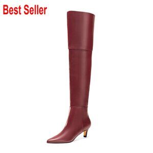 Kitten Heel Knee High Boots Pointed Toe Faux Leather Lining